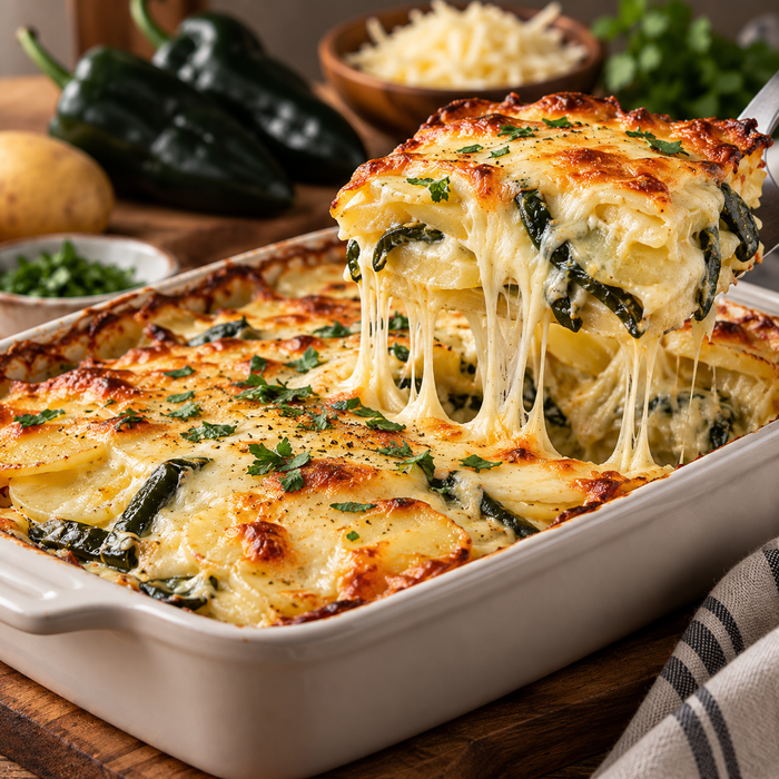 Papas gratinadas con queso Chihuahua y poblano